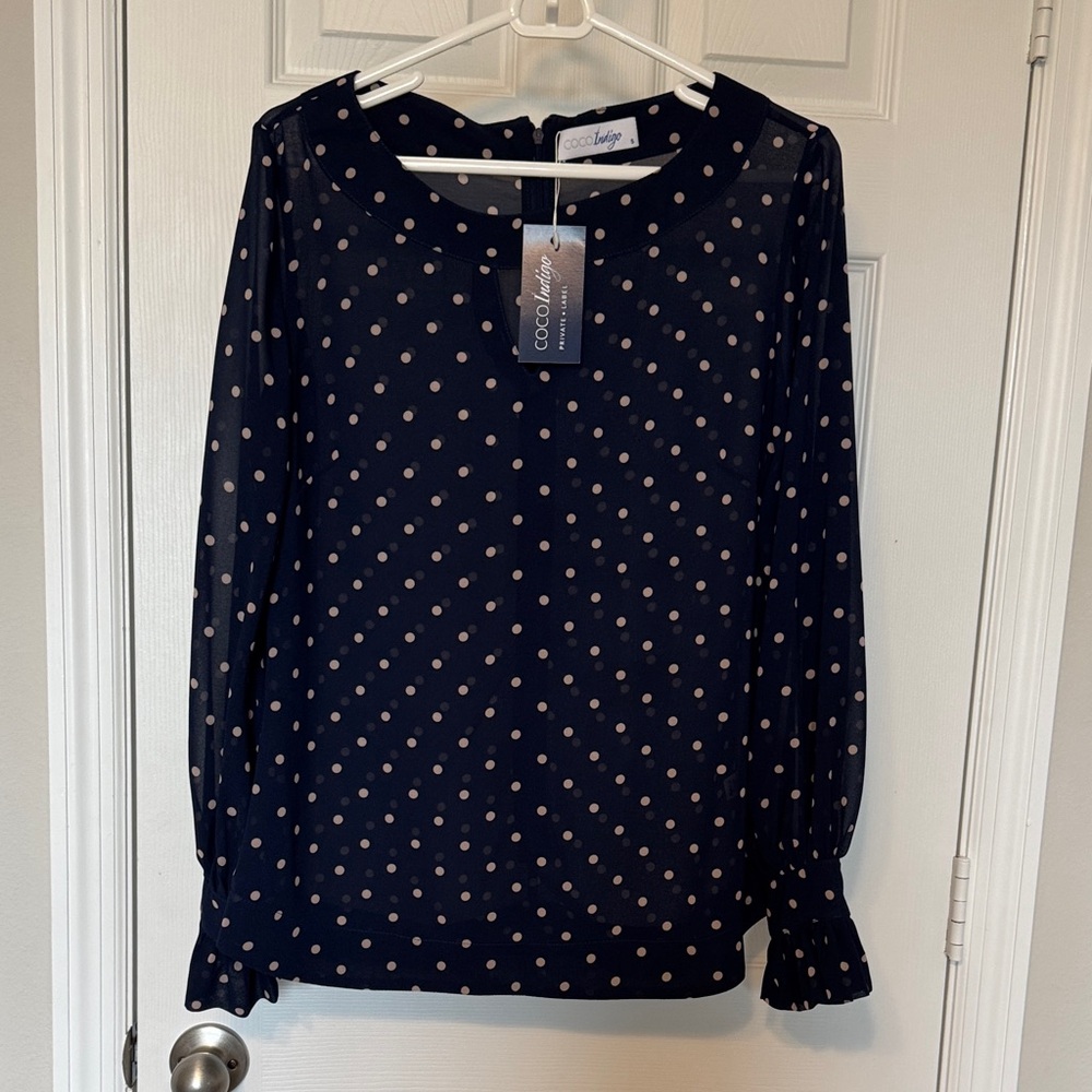coco Indigo private label Navy Polka Dot Long-Sleeve Blouse NWT $249 Retail